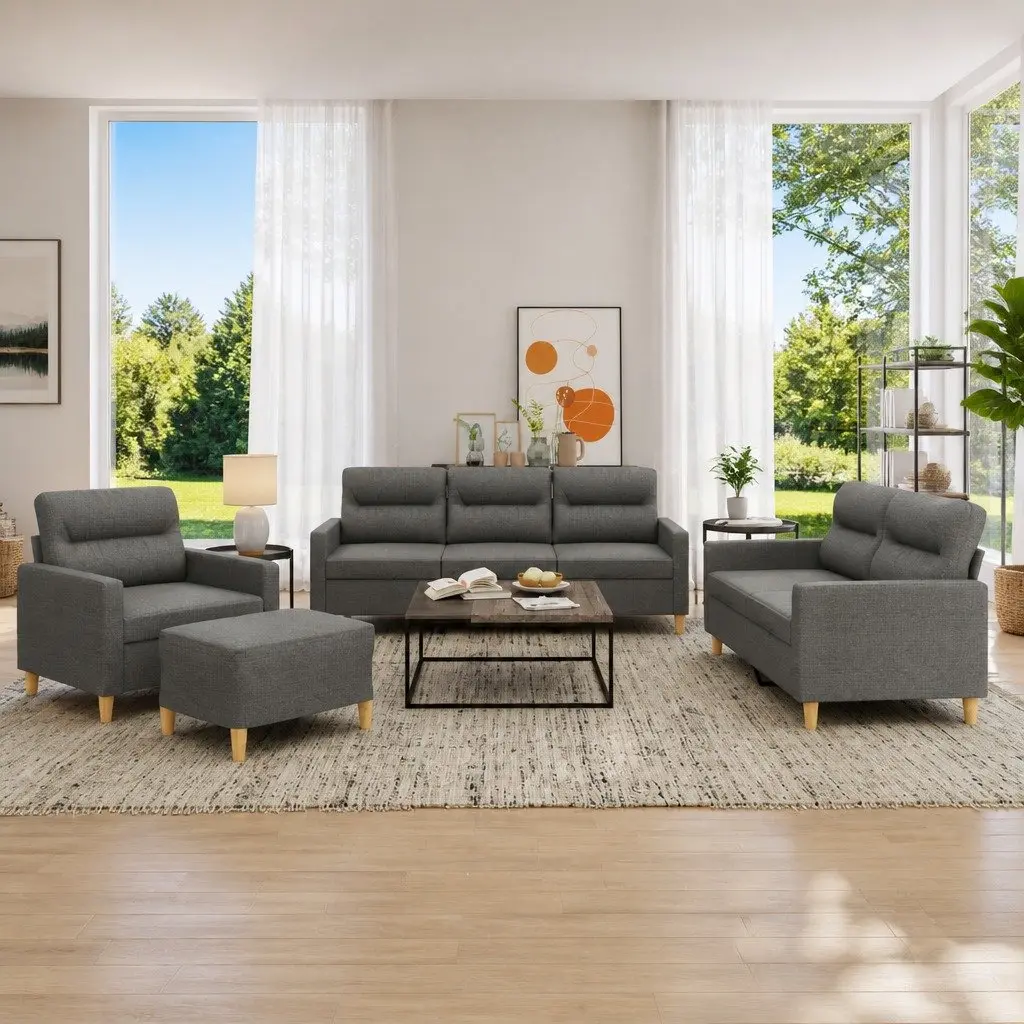 4 Piece Grey Fabric Sofa Set Padded Seat Armrests Living Room