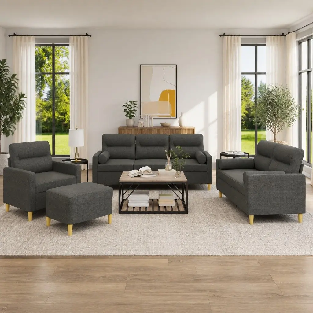 4 Piece Sofa Set Fabric Grey with Pillows Footstool