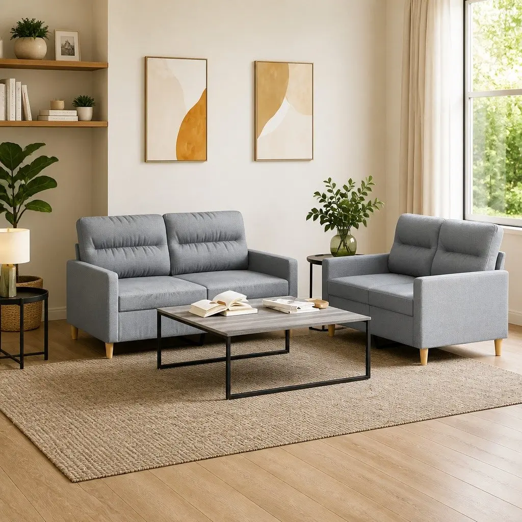 2 Piece Grey Fabric Sofa Set with Cushions Comfortable Living Room Furniture