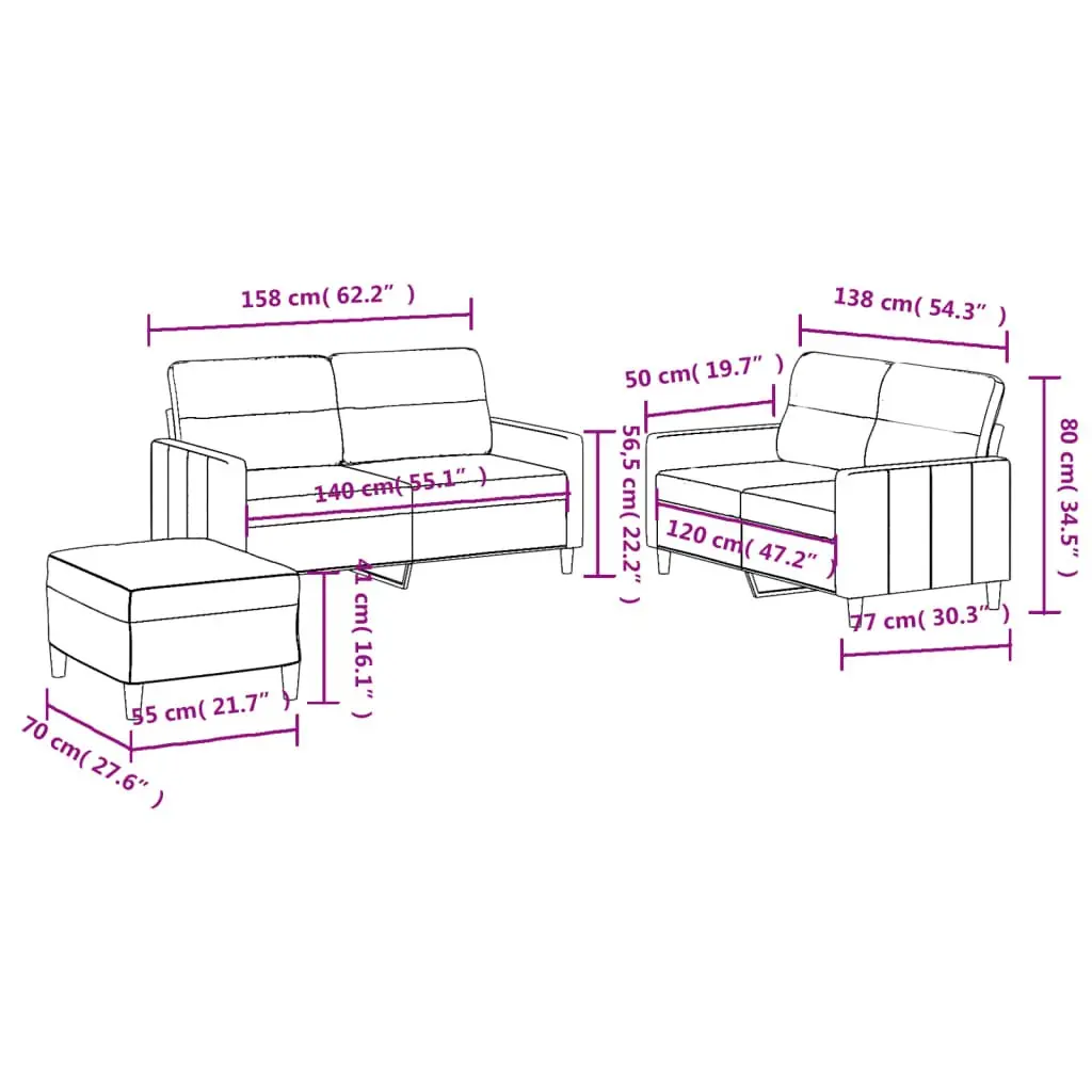 3 Piece Sofa Set with Footstool Grey Fabric Living Room Furniture Lounge Suite