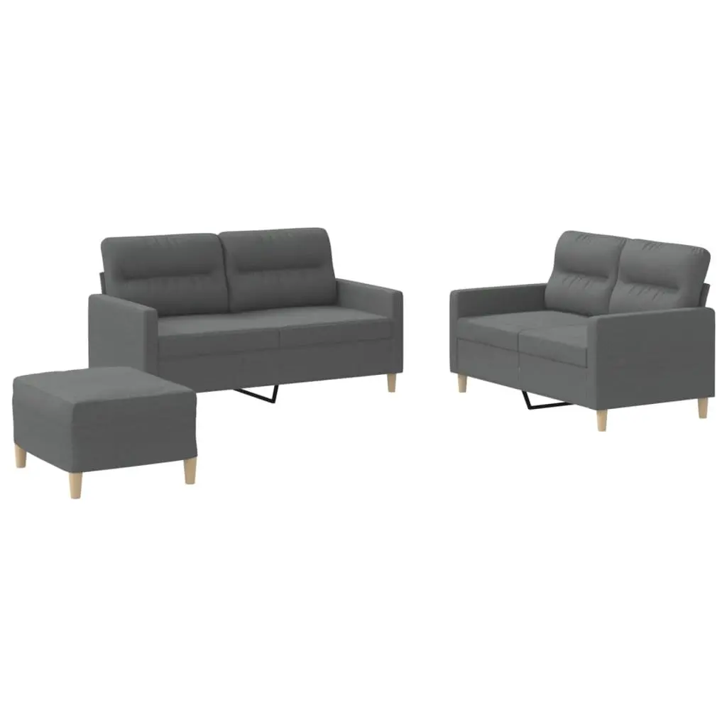 Grey Fabric Couch Set with Cushions and Footstool for Living Room 3 Piece