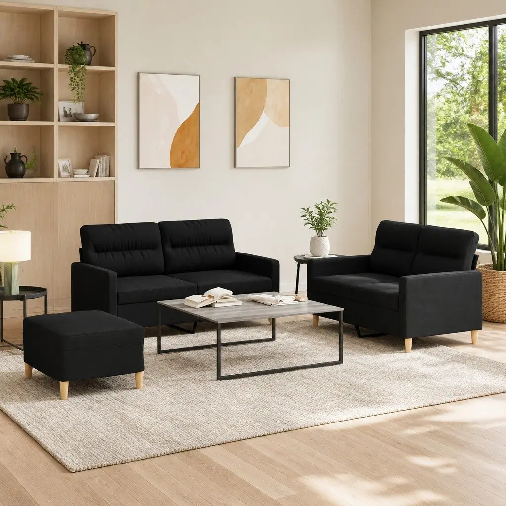BlackFabric3PieceSofaSetLoungeCouchFootstoolDurableBreathableComfortableLivingRoom