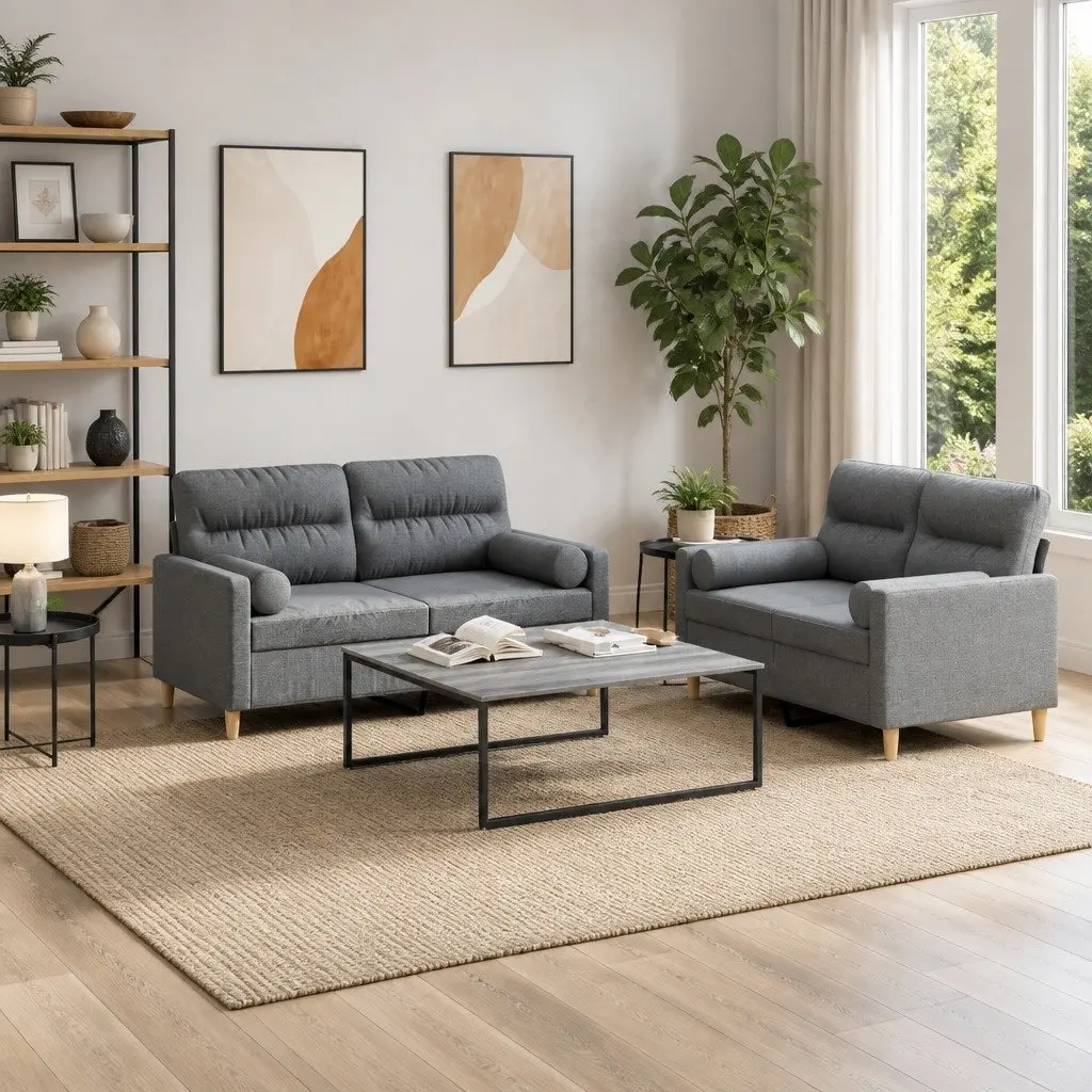 2 Piece Sofa Set Grey Fabric Upholstery Living Room Furniture