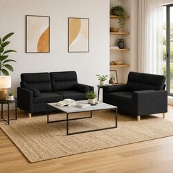 2 Piece Sofa Set Black Fabric Couch Lounge with Roll Pillows Living Room