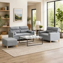 3 Piece Sofa Set with Footstool and Pillows Grey Fabric Living Room Furniture