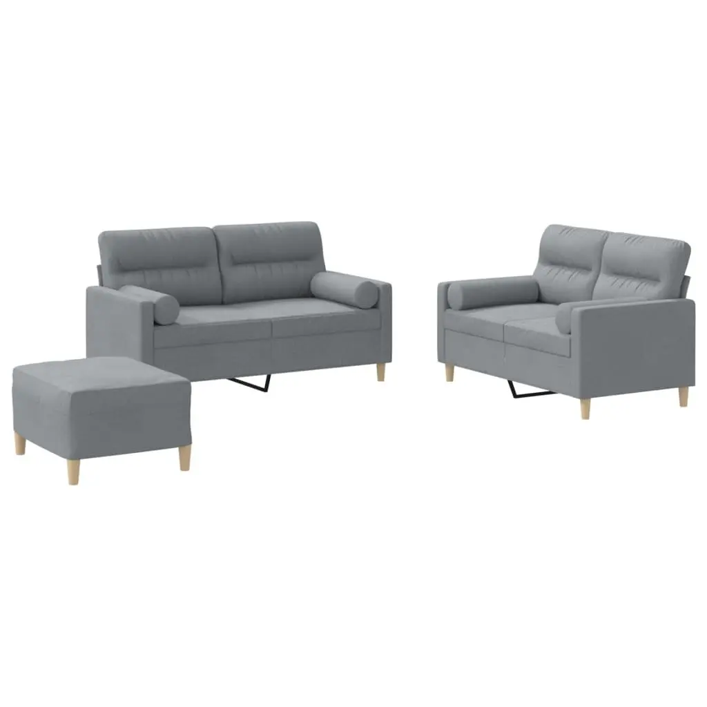 3 Piece Compact Sofa Set Grey Fabric Living Room Furniture with Footstool and Pillows