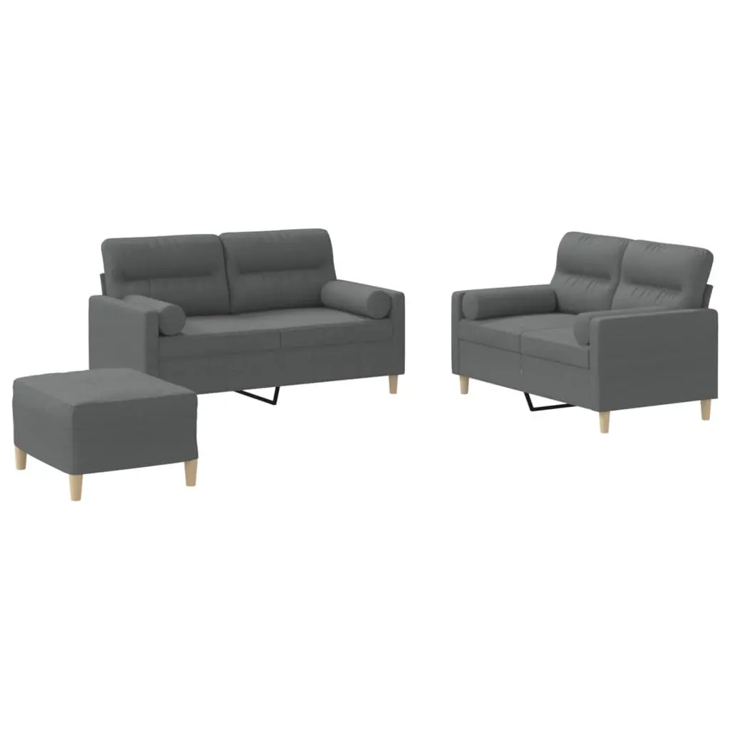 3 Piece Sofa Set Grey Fabric Lounge Couch with Pillows Footstool Living Room