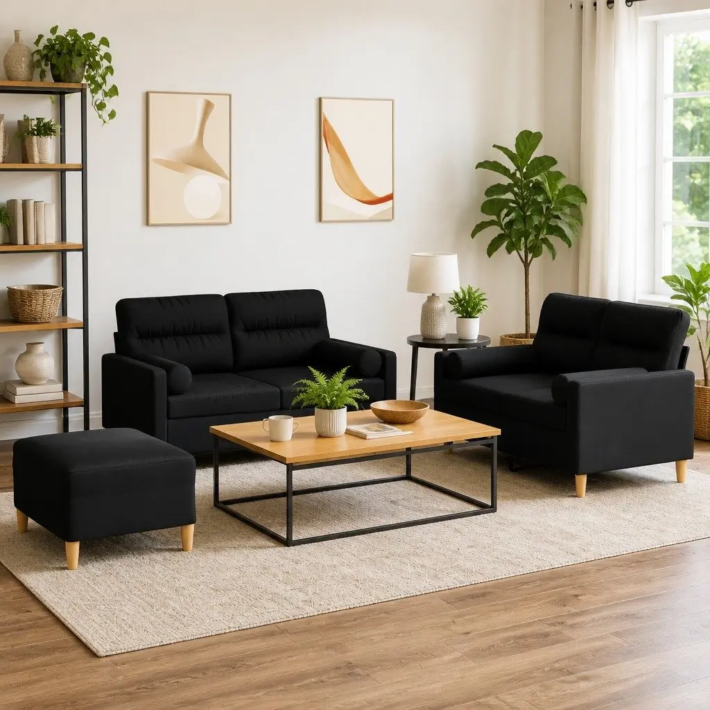 3 Piece Sofa Set Black Fabric Lounge Suite Couch with Pillows Footstool Living