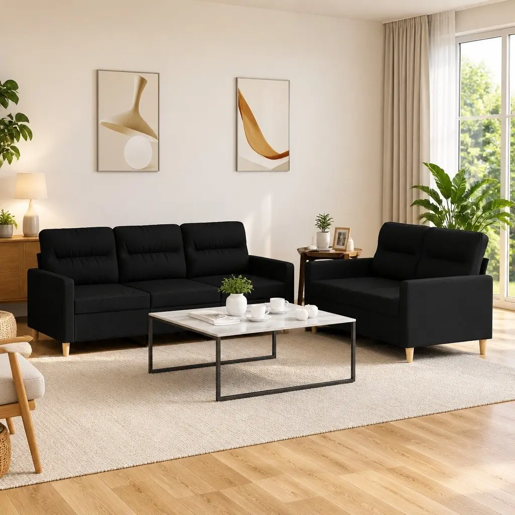 2 Piece Sofa Set Fabric Upholstery Black Colour Living Room Furniture with Cushions
