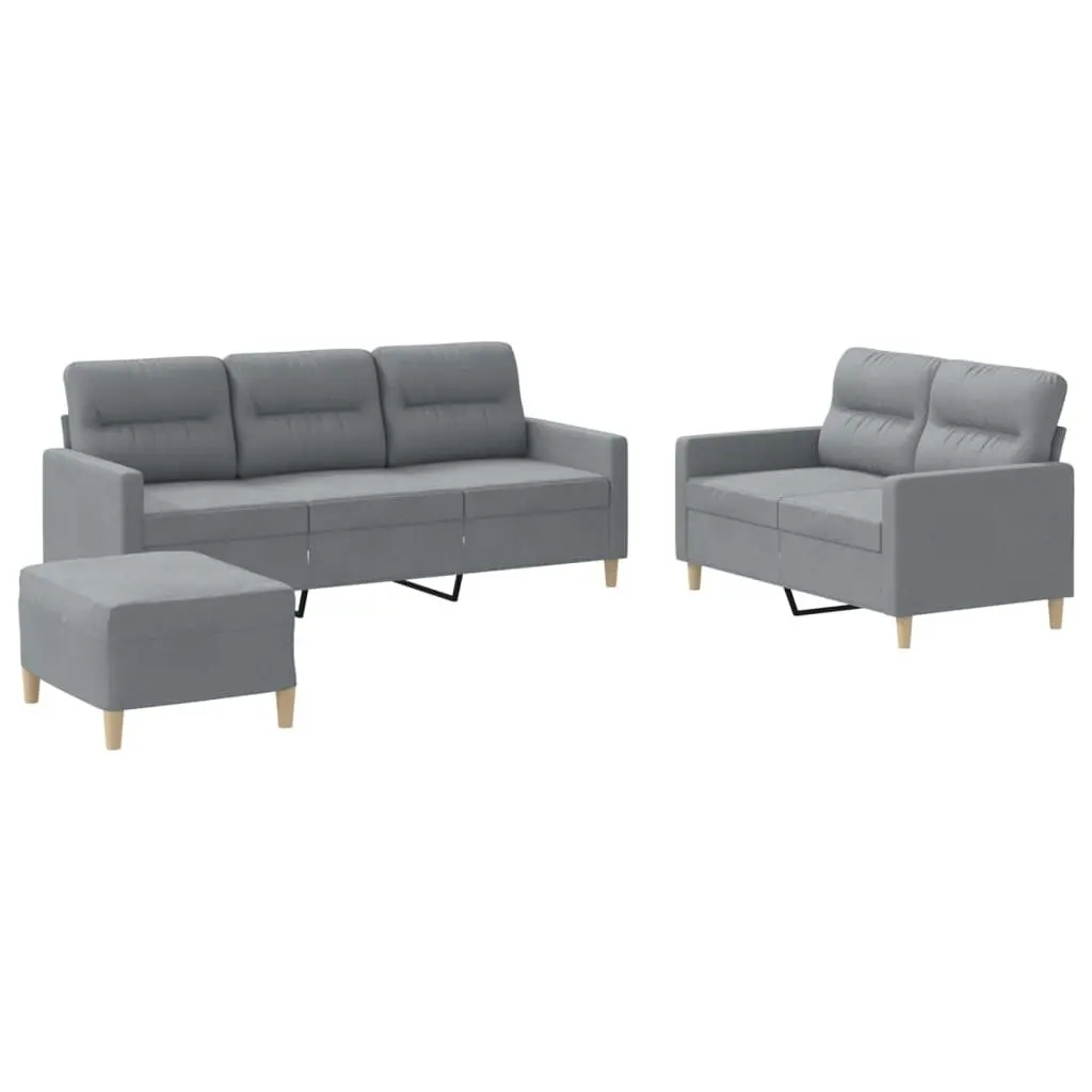 3 Piece Sofa Set with Footstool Grey Fabric Living Room Furniture Seating