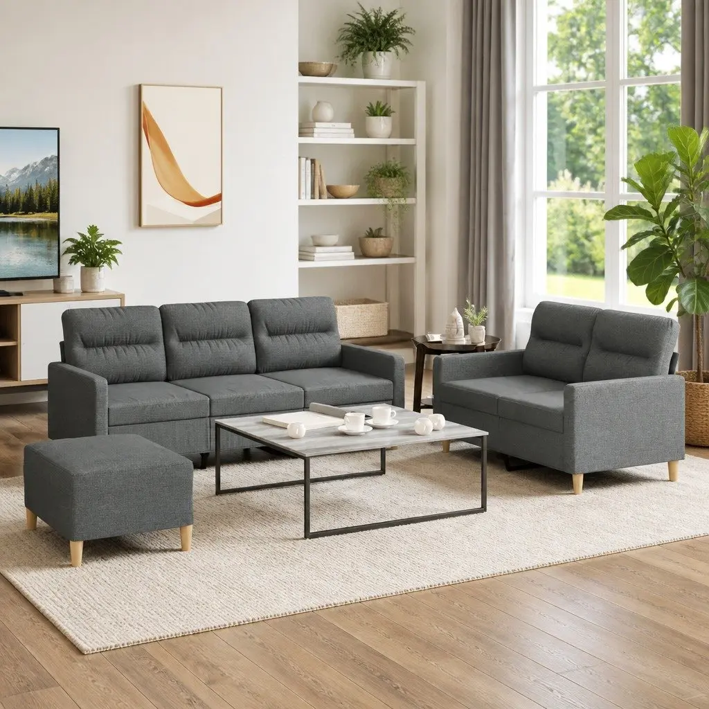3 Piece Sofa Set with Footstool Grey Fabric Lounge Suite Living Room Furniture