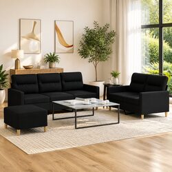 3 Piece Sofa Set with Cushions Black Fabric Lounge Suite Comfortable Seating