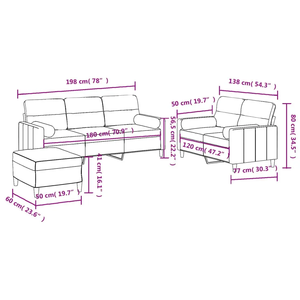 3 Piece Sofa Set Grey Fabric Couch with Pillows Footstool Living Room Furniture