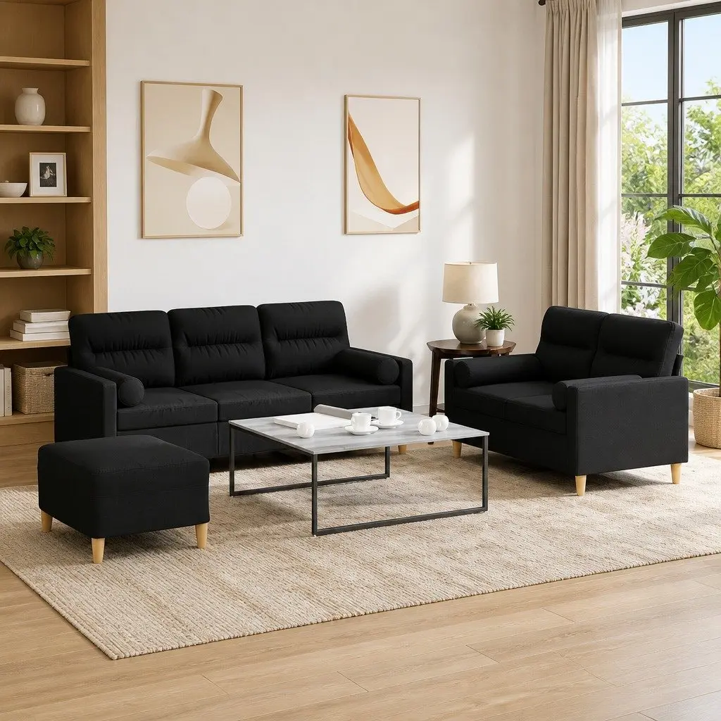 3 Piece Sofa Set Fabric Black Lounge Suite