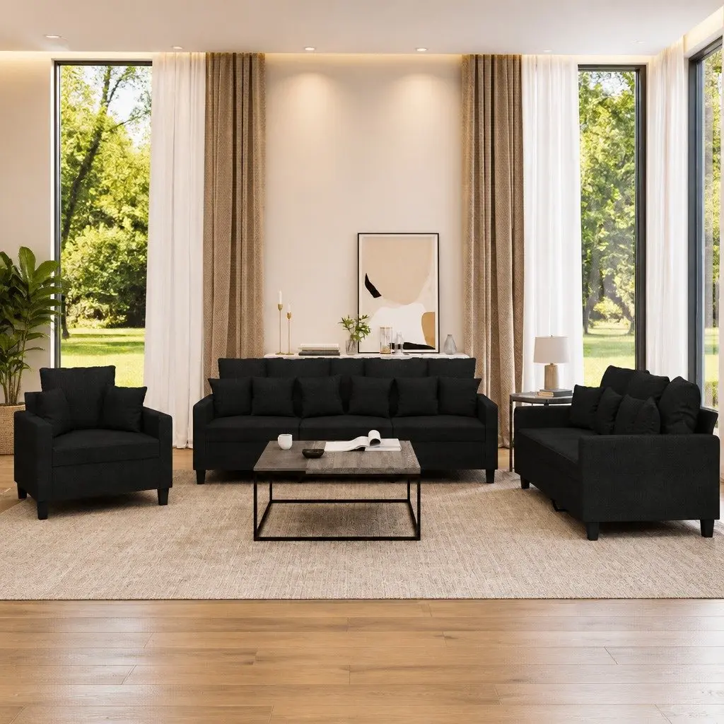 3 Piece Sofa Set with Throw Pillows Black Fabric Lounge Suite Living Room Couch