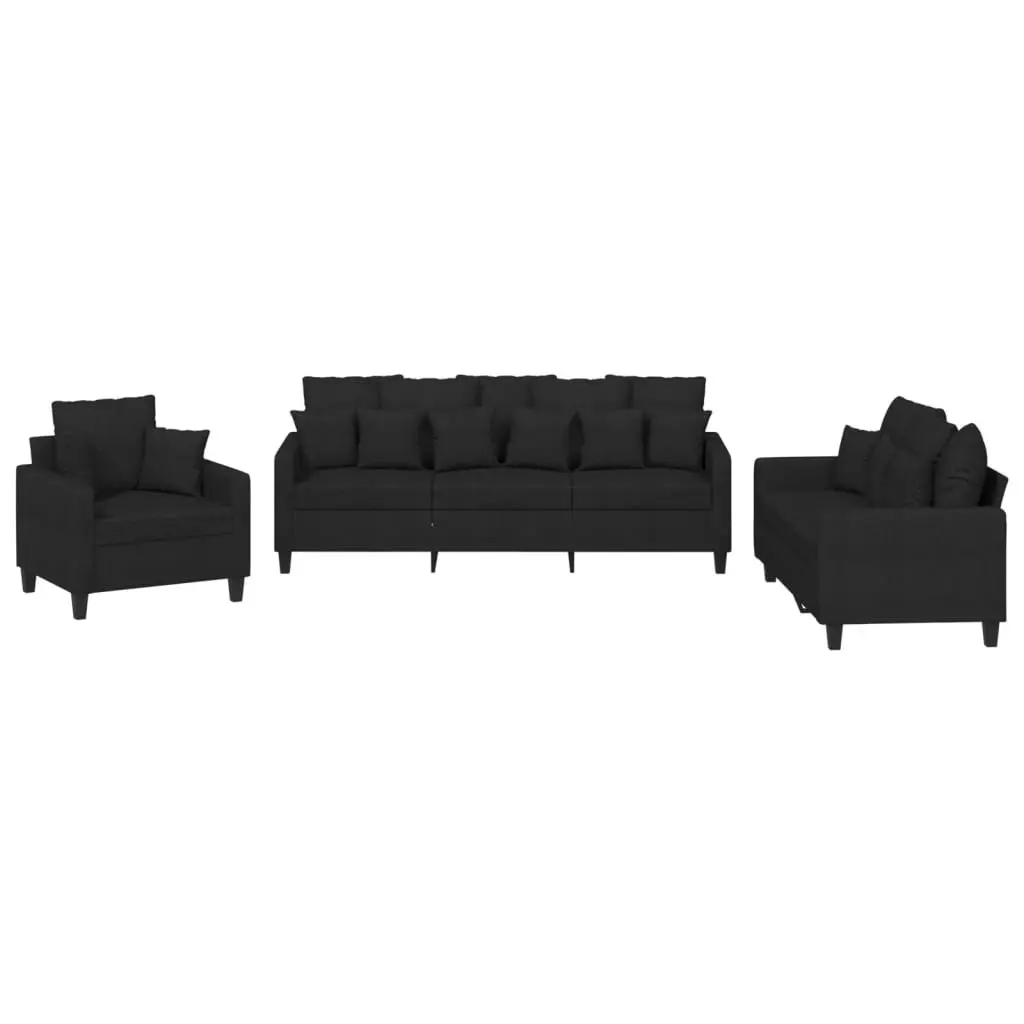3 Piece Sofa Set with Throw Pillows Black Fabric Lounge Suite Living Room Couch
