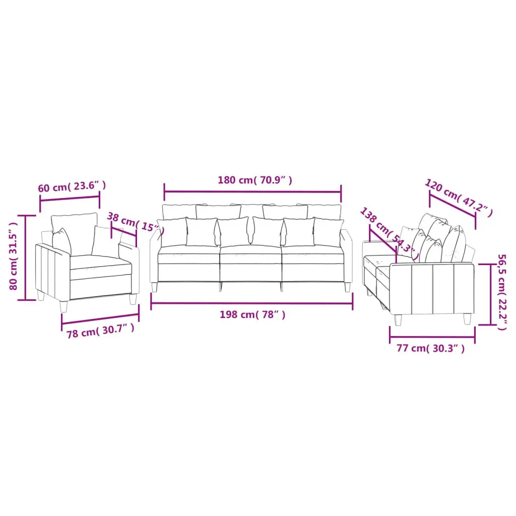 3 Piece Sofa Set with Throw Pillows Black Fabric Lounge Suite Living Room Couch