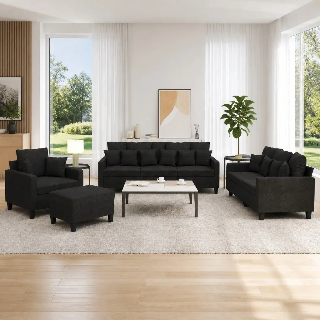 4 Piece Sofa Set with Throw Pillows and Footstool Black Fabric Living Room