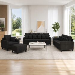 4 Piece Sofa Set with Throw Pillows and Footstool Black Fabric Living Room