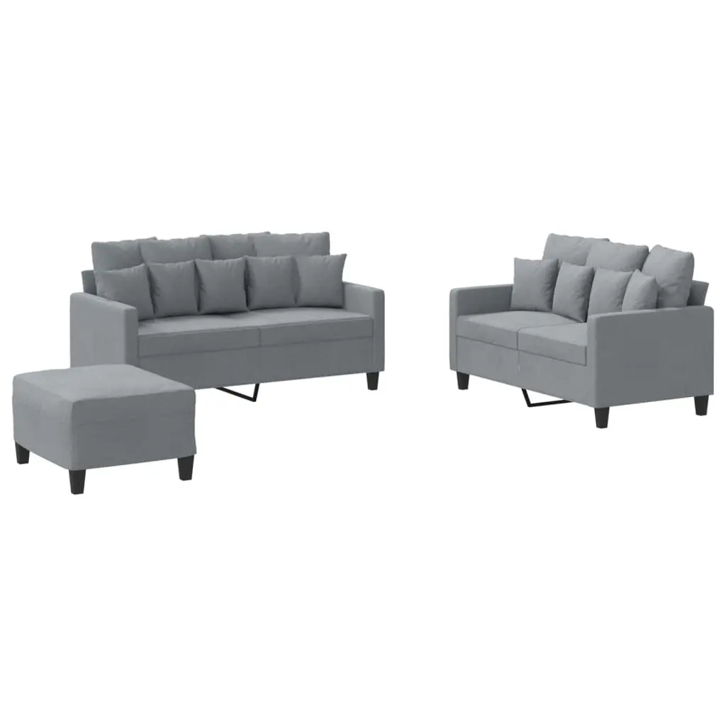 3 Piece Sofa Set Fabric Grey Lounge with Cushions and Footstool
