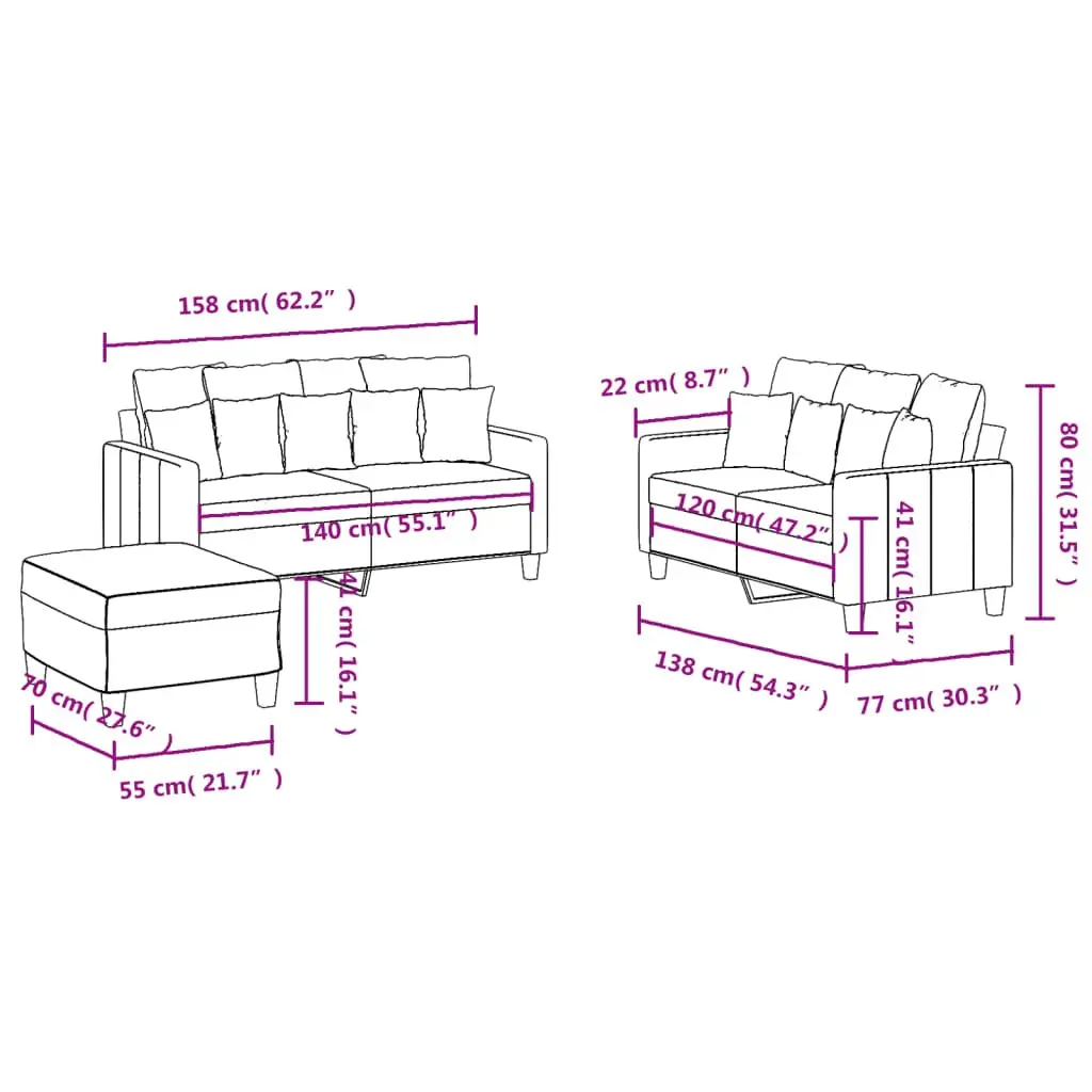3 Piece Sofa Set Fabric Grey Lounge with Cushions and Footstool