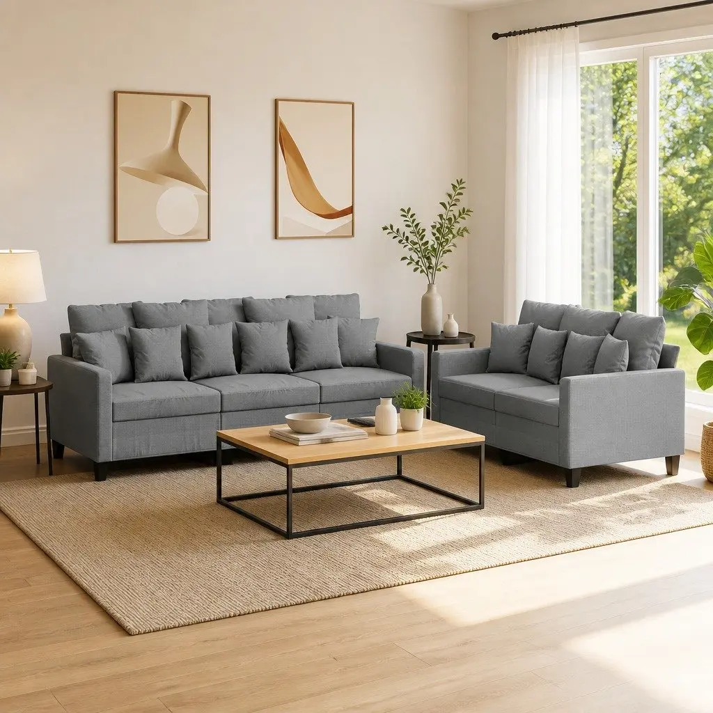 2 Piece Sofa Set Grey Fabric Padded Seating with Armrests