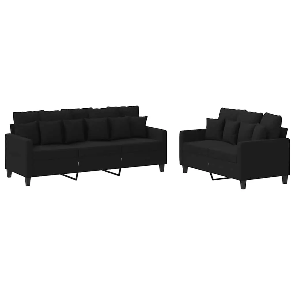 2 Piece Sofa Set with Cushions Black Fabric Couch Living Room Seating Lounge
