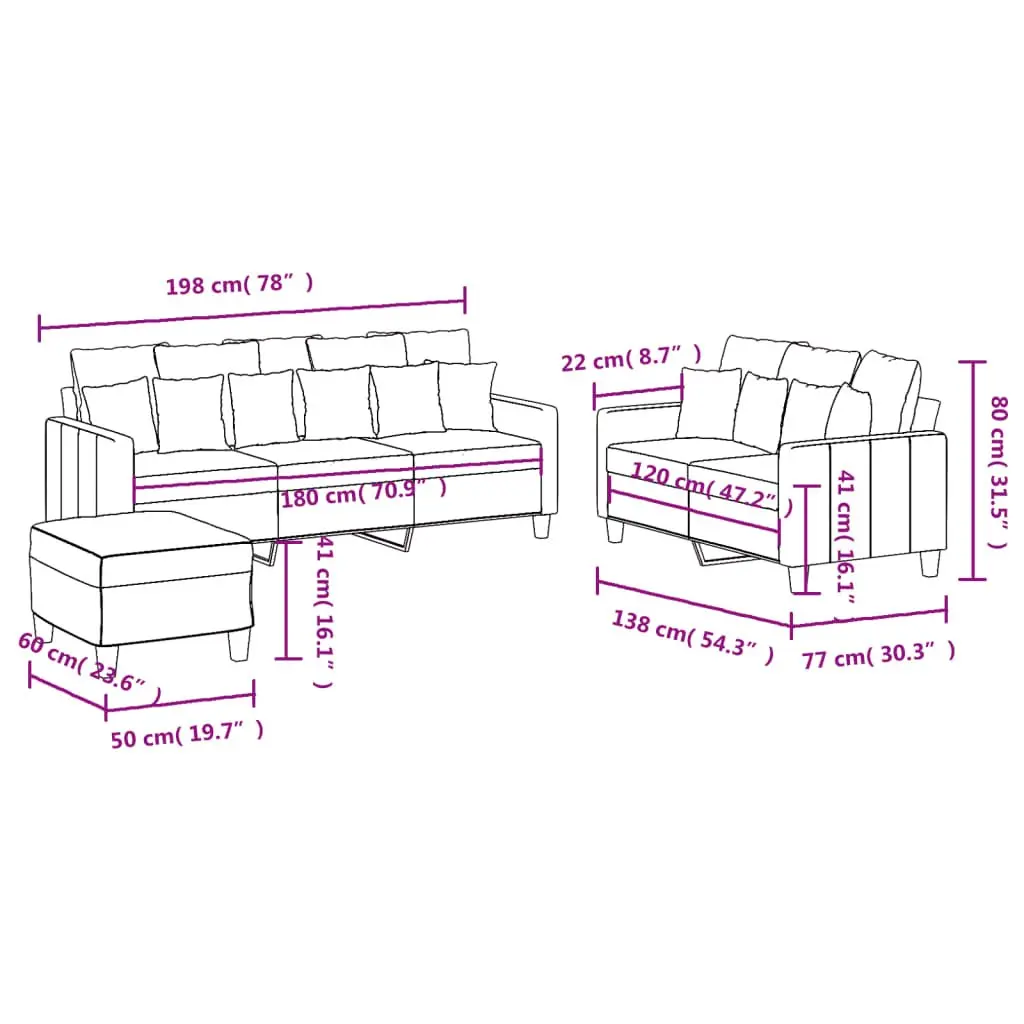 3 Piece Sofa Set with Footstool Grey Fabric Lounge Suite Comfortable Living Room