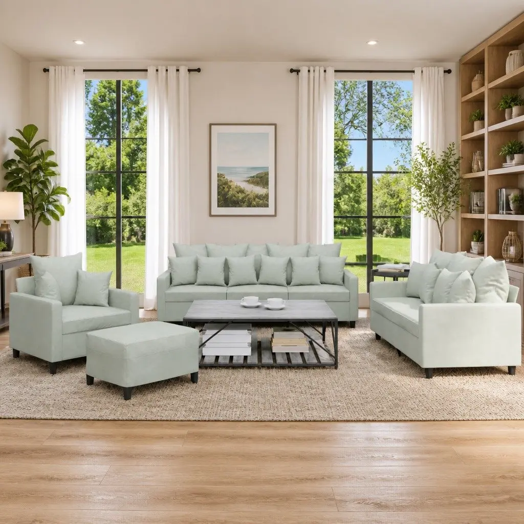 4 Piece Grey Velvet Sofa Set with Cushions Footstool Living Room Furniture