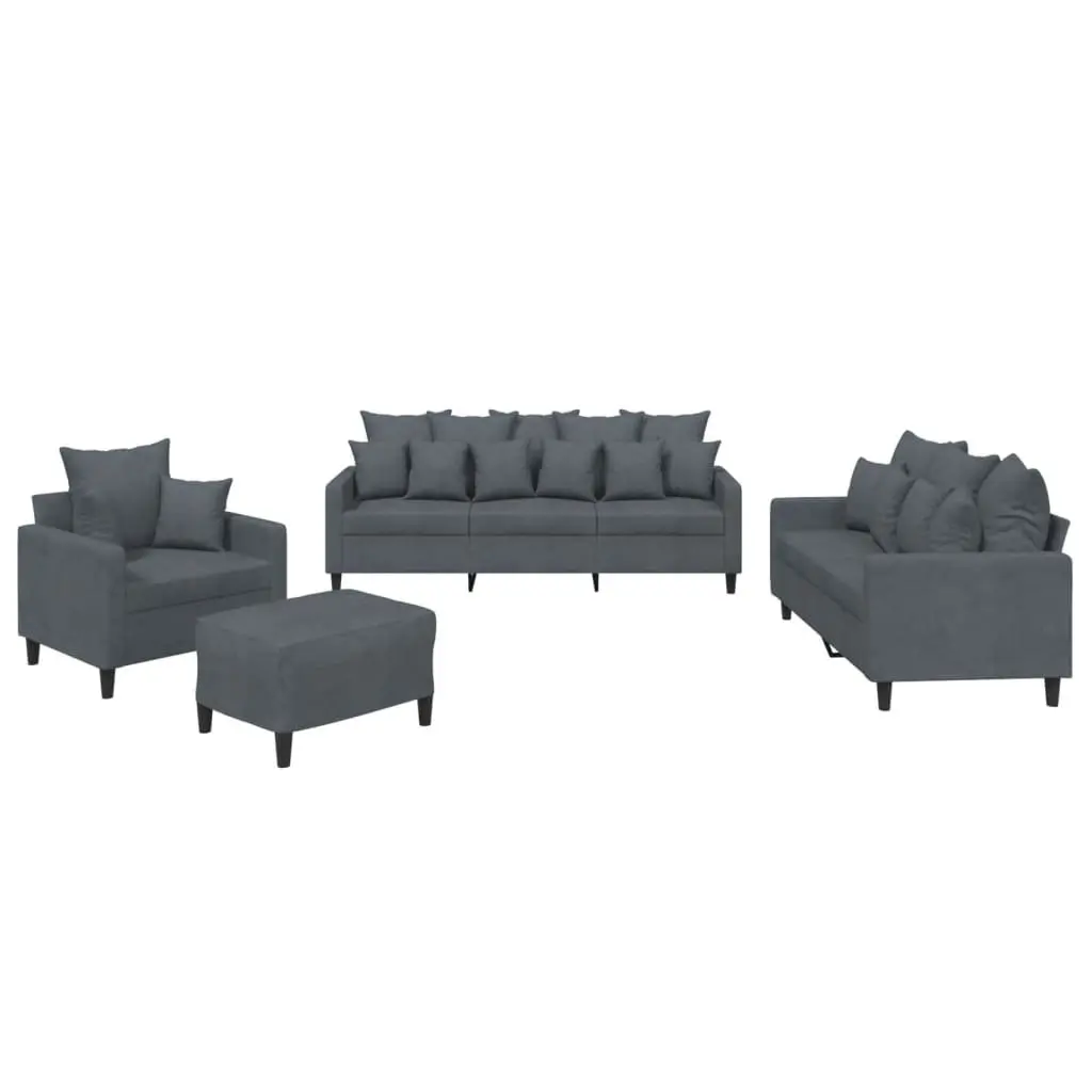Sofa Set Velvet 4 Piece Grey Compact Living Room Furniture with Footstool