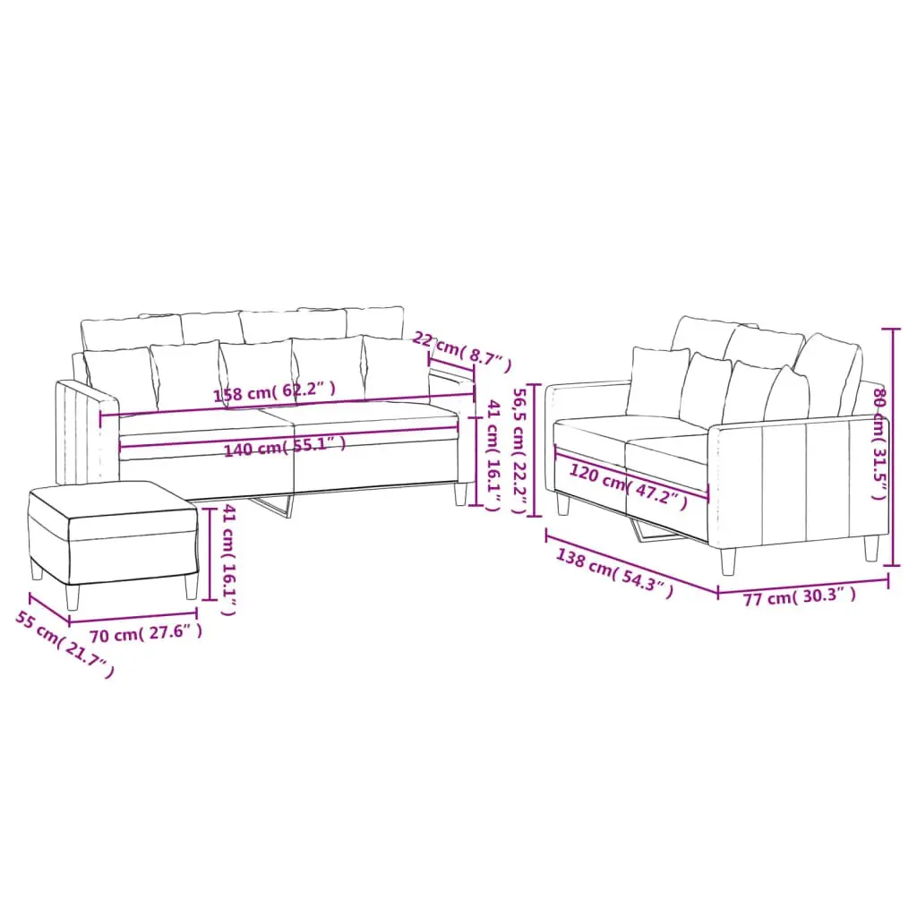 3 Piece Sofa Set Velvet Grey Compact Living Room Furniture