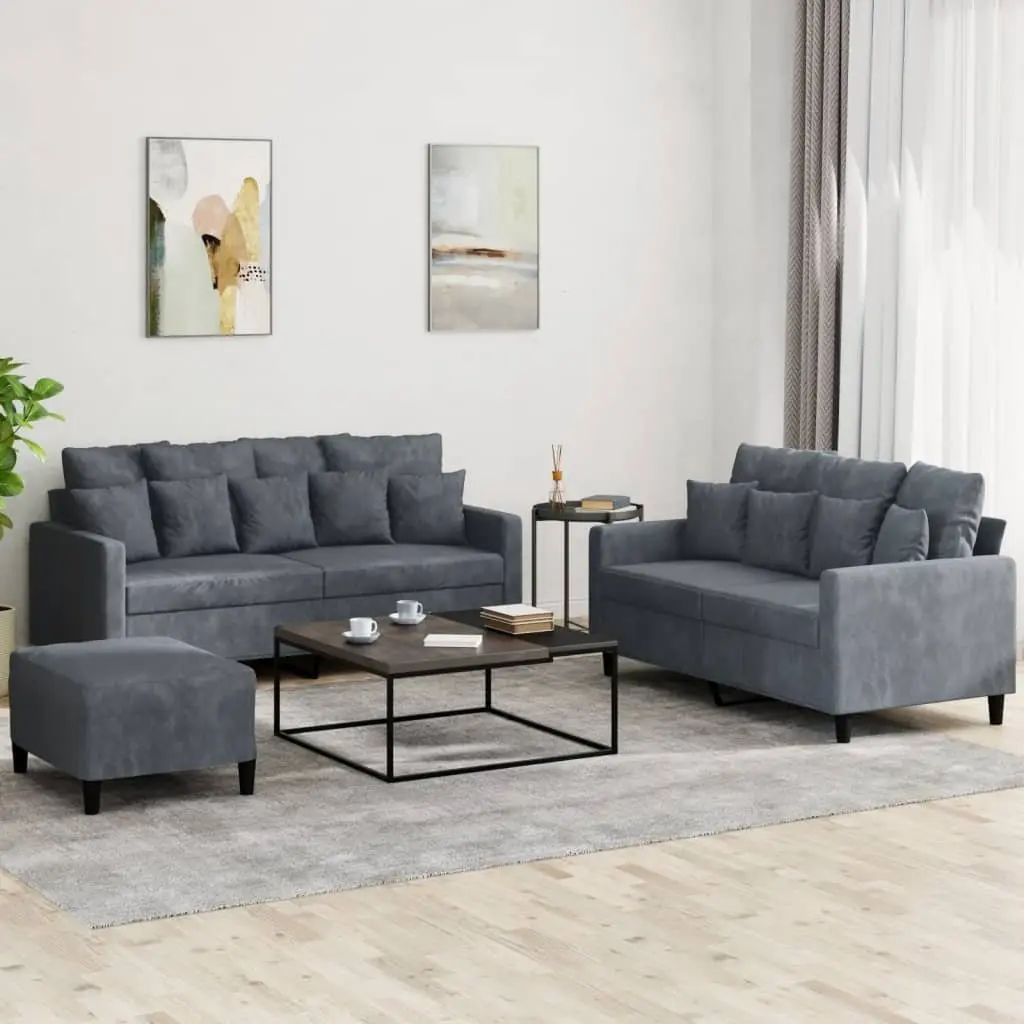 3 Piece Sofa Set with Footstool Cushions Grey Velvet Lounge Suite Living Room