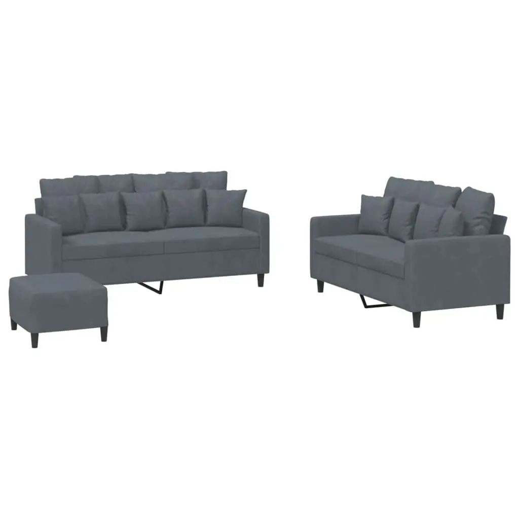 3 Piece Sofa Set with Footstool Cushions Grey Velvet Lounge Suite Living Room