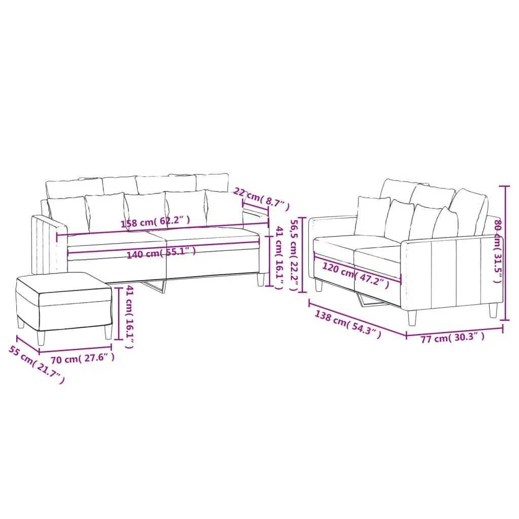 3 Piece Sofa Set with Footstool Cushions Grey Velvet Lounge Suite Living Room
