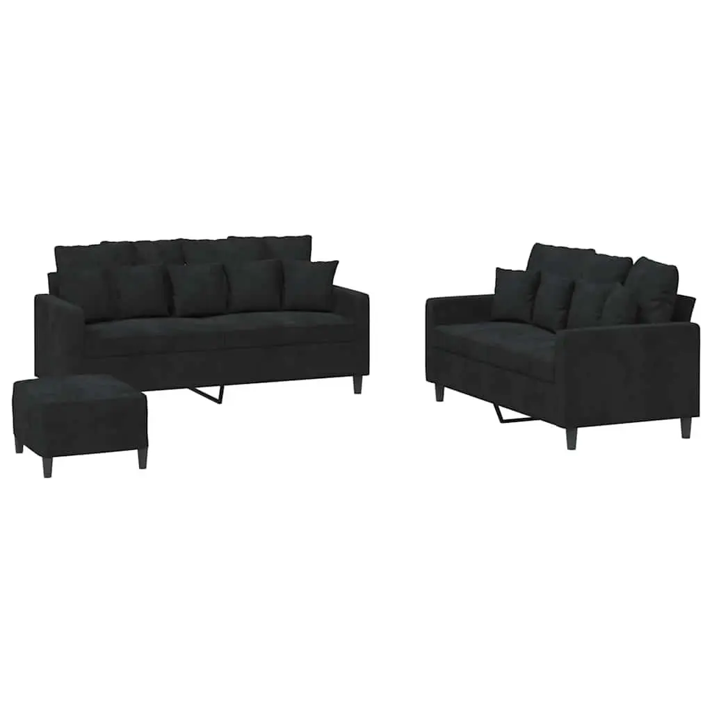 3 Piece Sofa Set Black Velvet Cushions Living Room Furniture Footstool