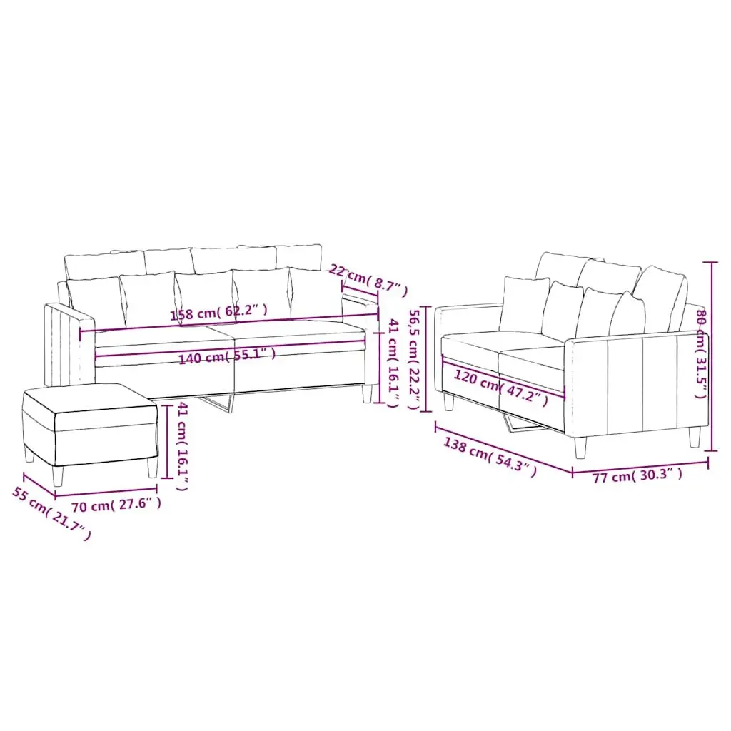3 Piece Sofa Set Black Velvet Cushions Living Room Furniture Footstool