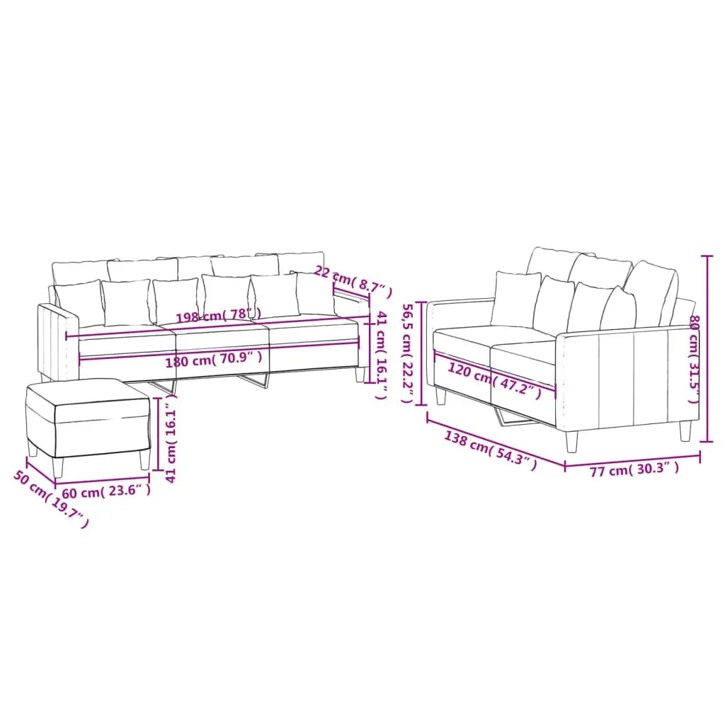 3 Piece Sofa Set Grey Velvet Lounge Suite with Footstool Living Room Furniture