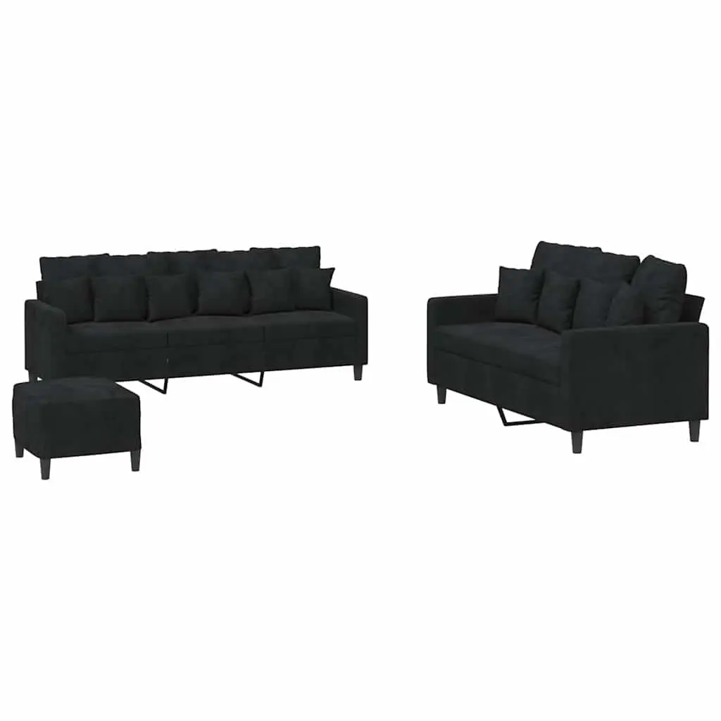 3 Piece Sofa Set with Footstool Cushions Black Velvet Living Room Furniture