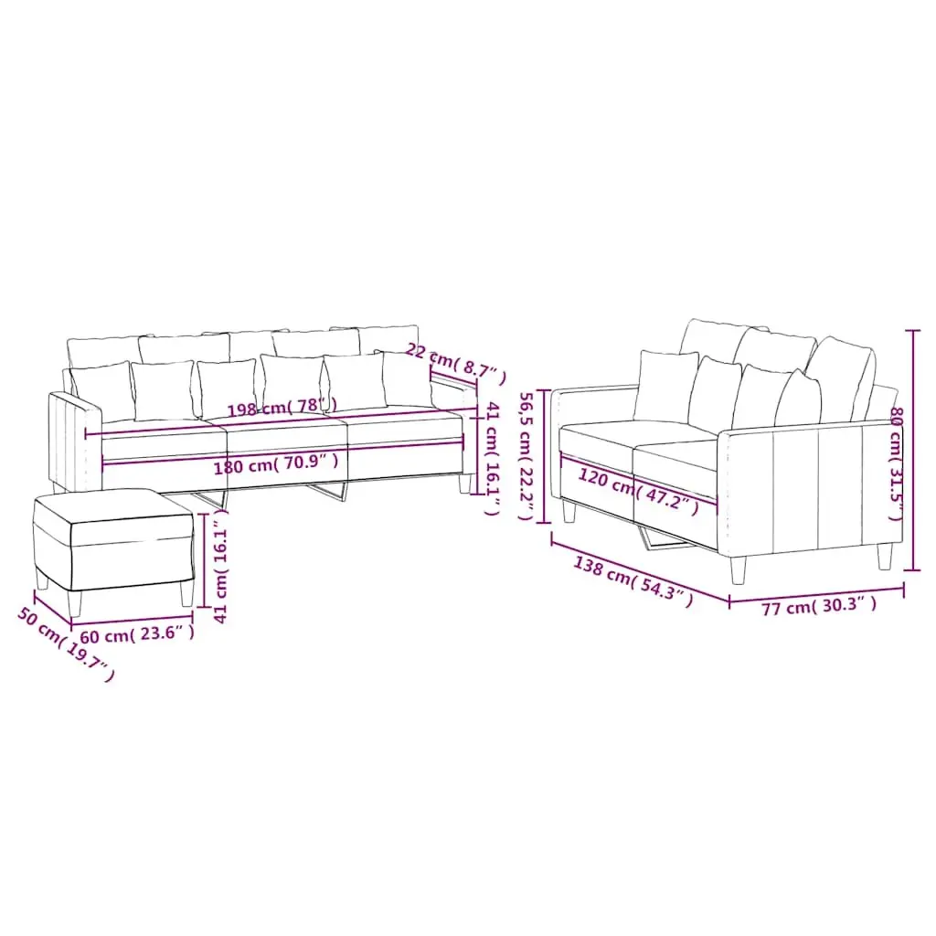 3 Piece Sofa Set with Footstool Cushions Black Velvet Living Room Furniture