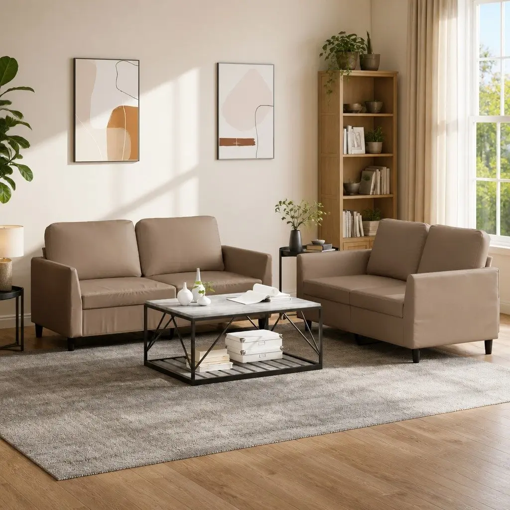 2 Piece Sofa Set Brown Faux Leather Lounge Suite Cushioned Couch Living Room