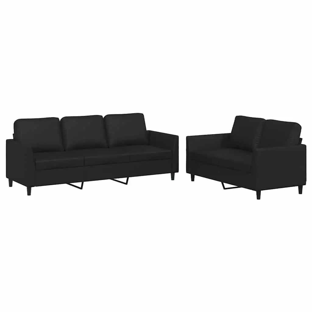 2 Piece Sofa Set Black Faux Leather Living Room Furniture with Cushions Seating