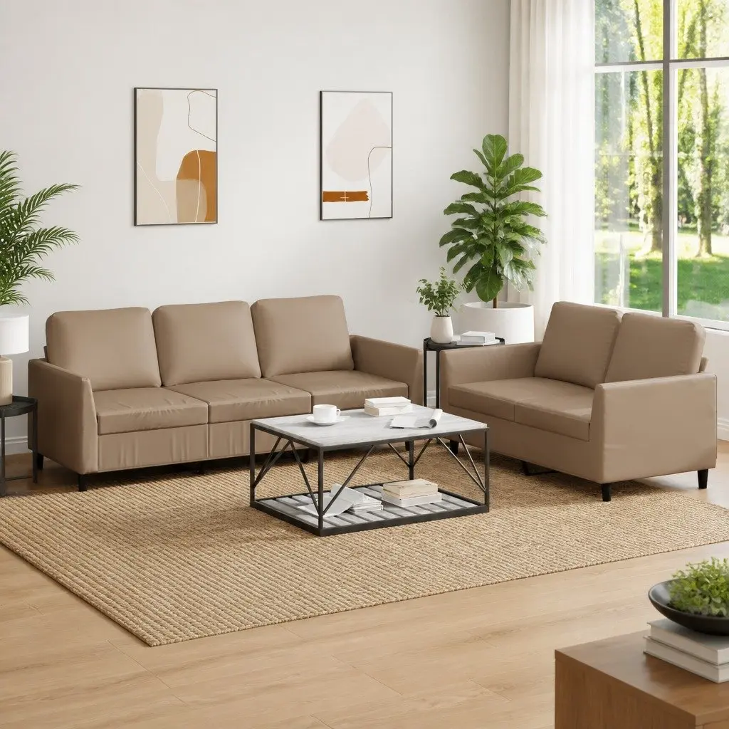2 Piece Sofa Set Brown Faux Leather Couch Living Room Furniture with Cushions