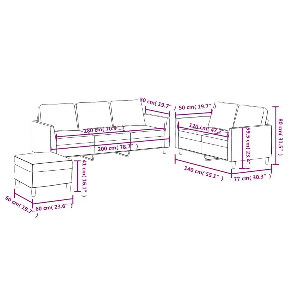 3 Piece Sofa Set Brown Faux Leather Living Room Furniture Couch with Footstool