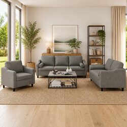 3 Piece Sofa Set in Grey Fabric for Living Spaces