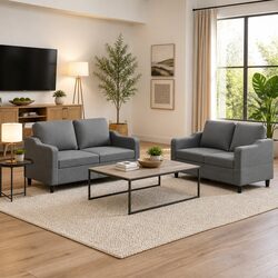 2 Piece Sofa Set Grey Fabric Lounge Suite Cushioned Armchairs Living Room