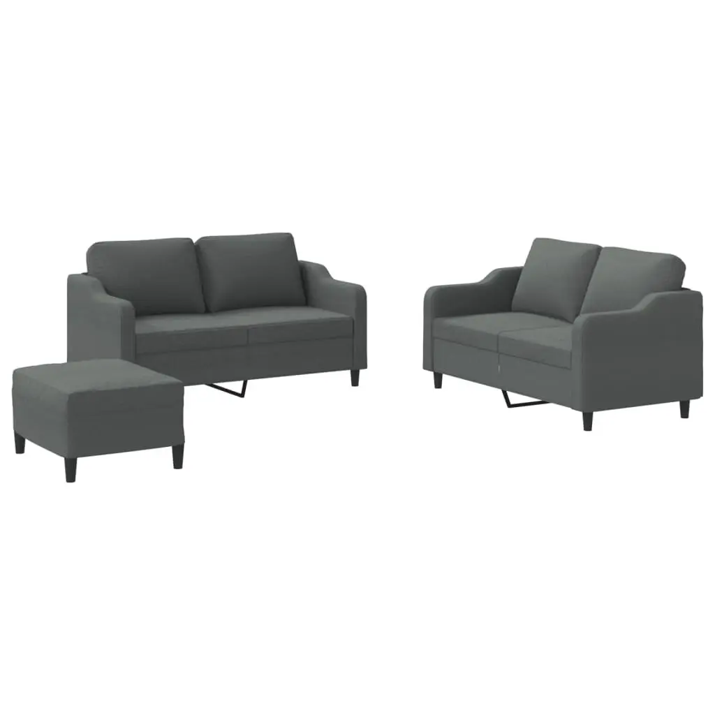 3 Piece Grey Fabric Sofa Set with Cushions and Footstool for Living Room