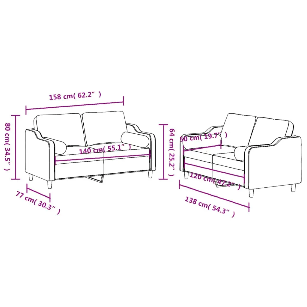 2 Piece Sofa Set Black Fabric Living Room Couch with Pillows Seating Furniture