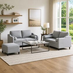 3 Piece Sofa Set with Pillows and Footstool Grey Fabric Living Room Lounge