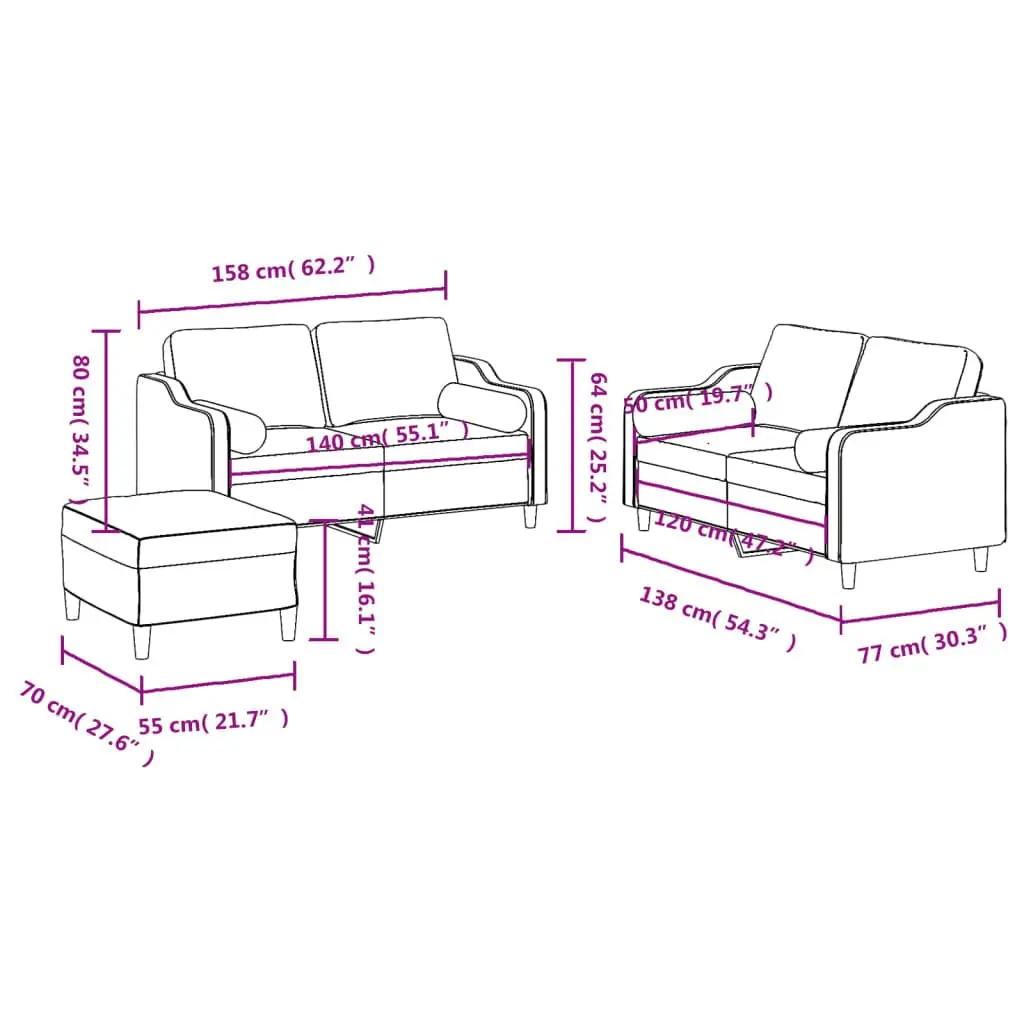 3 Piece Sofa Set with Footstool Padded Armrests Cylinder Pillows Grey Fabric