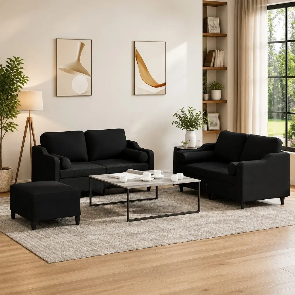 3 Piece Sofa Set Fabric Black Living Room Lounge Suite